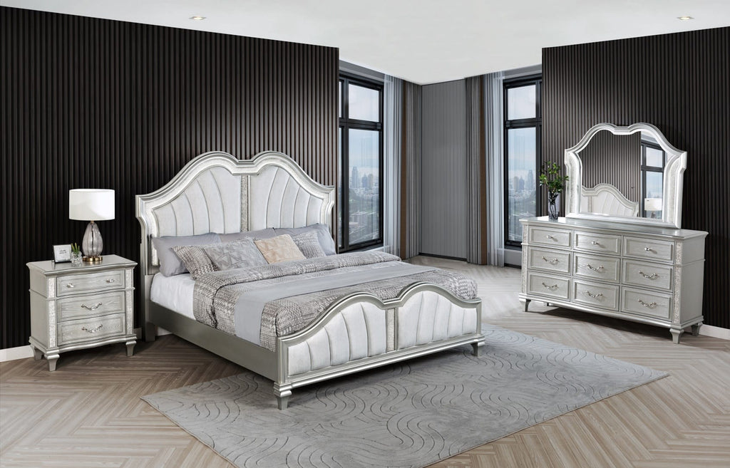 B760-4PC 4 pc Francis silver glittery finish wood padded headboard LED accents queen bedroom set