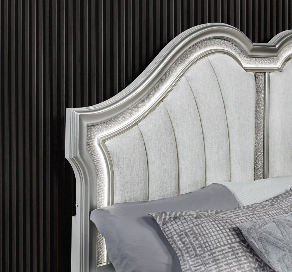 B760-4PC 4 pc Francis silver glittery finish wood padded headboard LED accents queen bedroom set