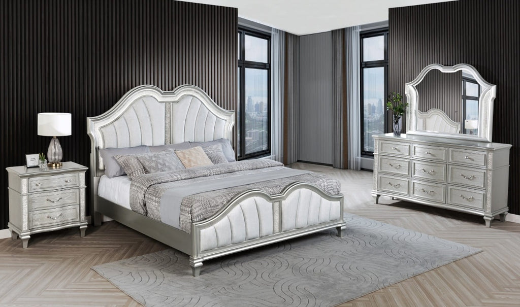 B760-4PC 4 pc Francis silver glittery finish wood padded headboard LED accents queen bedroom set