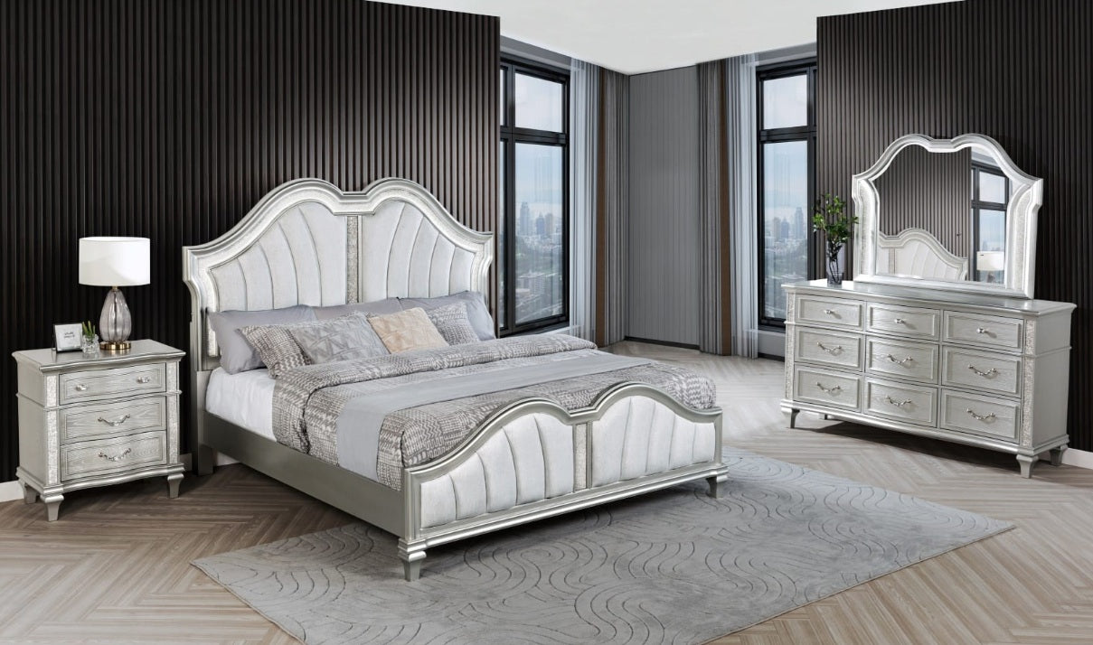 B760-4PC 4 pc Francis silver glittery finish wood padded headboard LED accents queen bedroom set