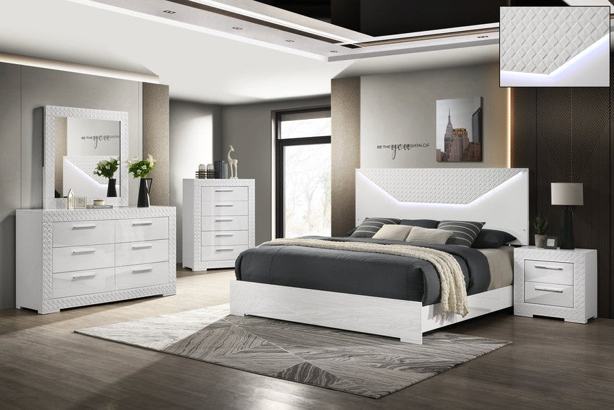 Mc Ferran High Gloss White Finish Wood Lighted Headboard Queen Bedroom Set with Textured Raised Design – B777-4PC