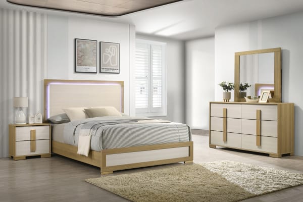 B780-4PC 4 pc Hyland natural and white finish wood queen bedroom set mid-century modern LED lighting