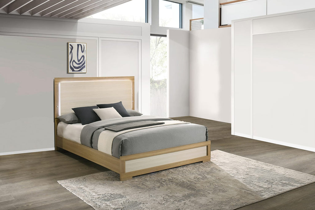 B780-4PC 4 pc Hyland natural and white finish wood queen bedroom set mid-century modern LED lighting