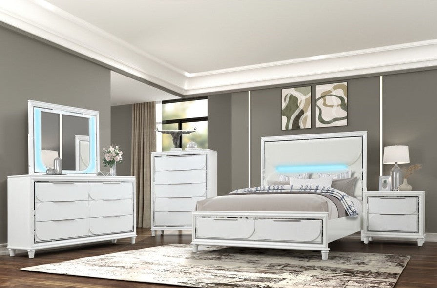 B8088-5PC-EK 5 pc White high gloss finish wood textured raised design LED headboard Eastern King bedroom set silver accents