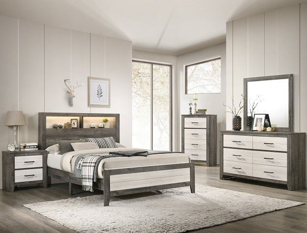 B8170 4 pc Rhett two tone grey finish wood slatted storage headboard with lights queen bedroom set
