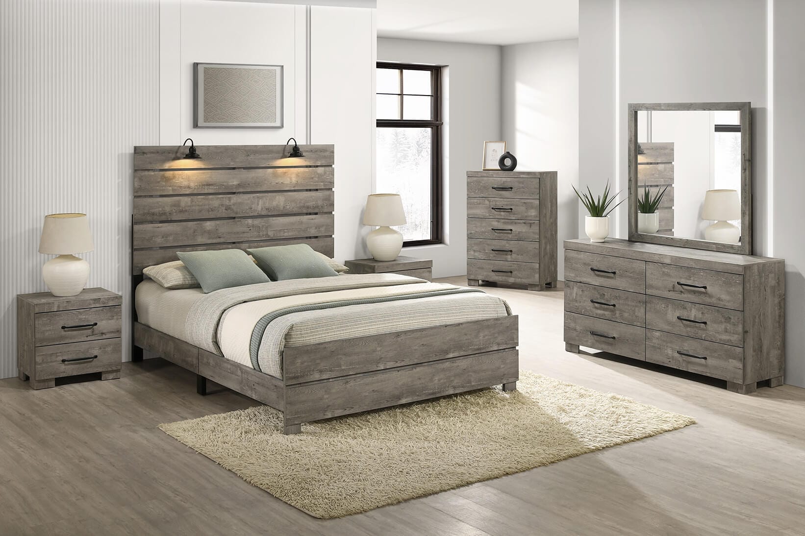 B820-4PC  4 pc Hazeltone rustic antique grey wood grain paneled finish wood queen bed set