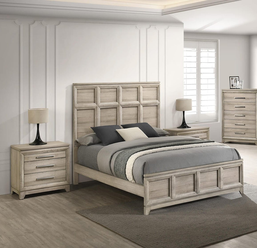 B840-4PC  4 pc Hampton bay grey weathered good grain paneled finish wood queen bed set