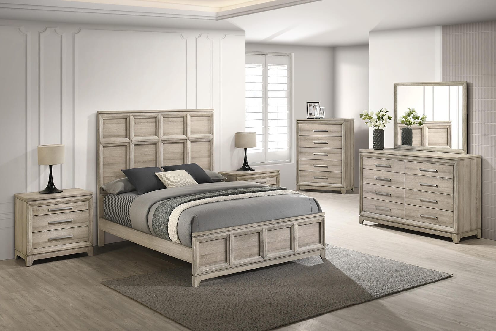 B840-4PC  4 pc Hampton bay grey weathered good grain paneled finish wood queen bed set