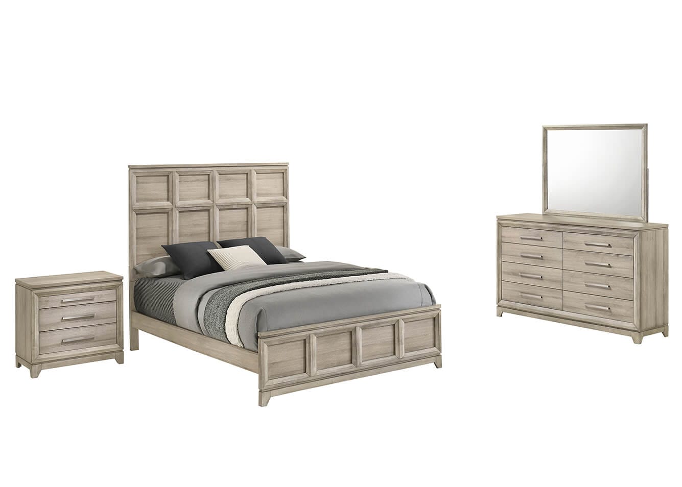 B840-4PC  4 pc Hampton bay grey weathered good grain paneled finish wood queen bed set