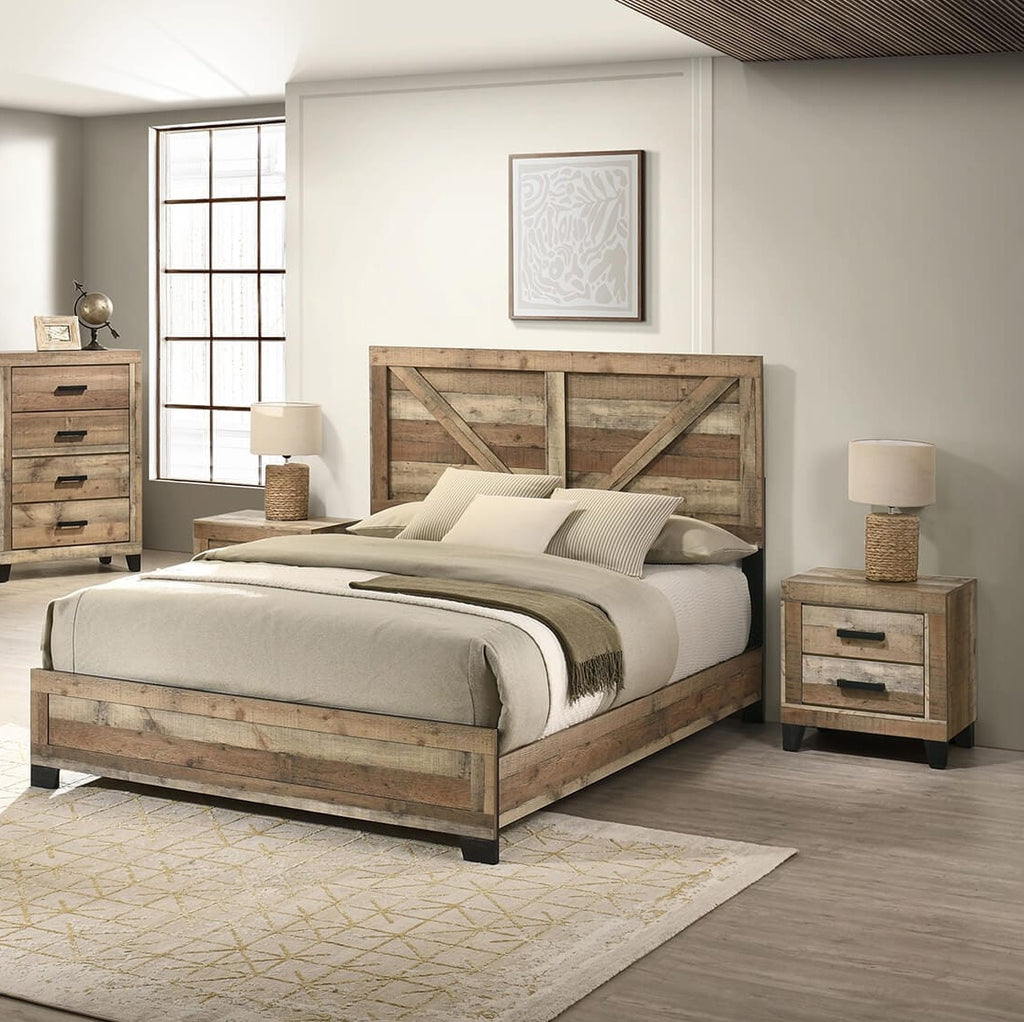 B850-4PC  4 pc Hampton weathered brown pine wood grain paneled finish wood queen bed set