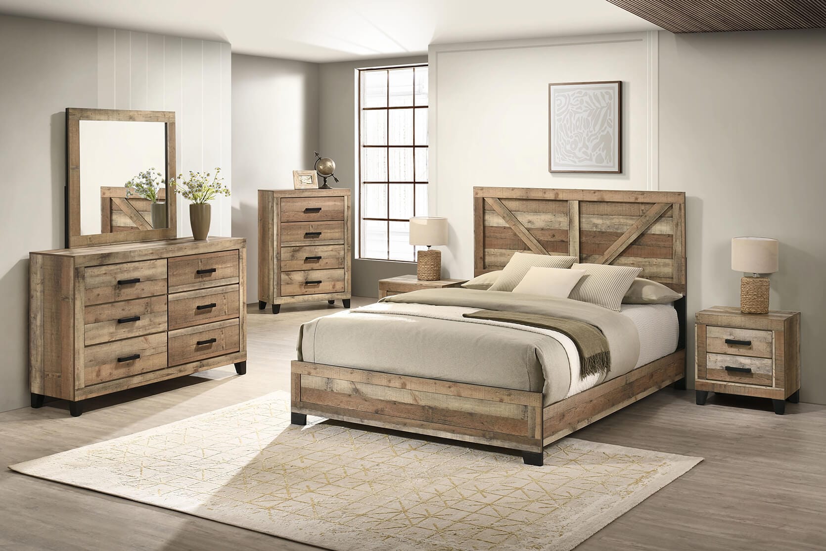 B850-4PC  4 pc Hampton weathered brown pine wood grain paneled finish wood queen bed set