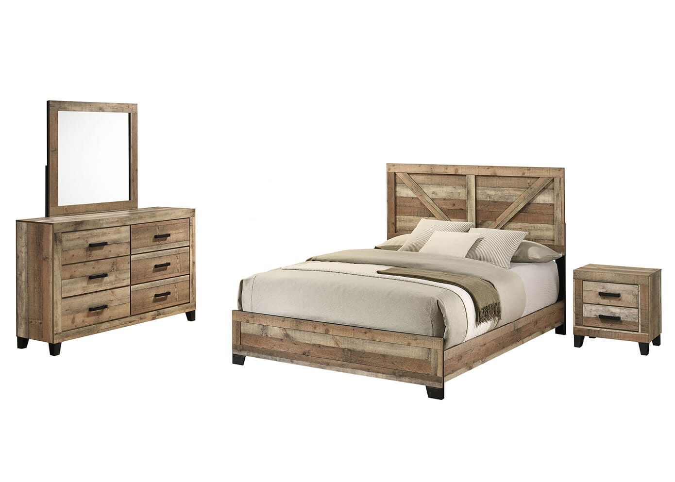 B850-4PC  4 pc Hampton weathered brown pine wood grain paneled finish wood queen bed set