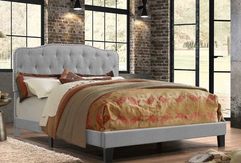 B87 Charlton home castalina gray linen fabric nail head trim tufted queen bed set