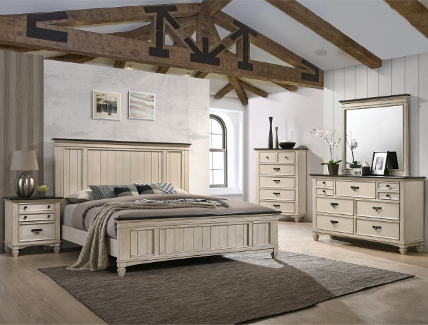 B9100 4 pc Sawyer rustic two tone antique white and brown weathered finish wood queen bedroom set