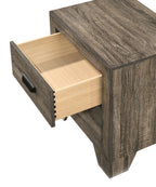 B9205 4 pc Millie natural gray wood grain finish panel look fabric padded queen bedroom set