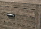 B9205 4 pc Millie natural gray wood grain finish panel look fabric padded queen bedroom set