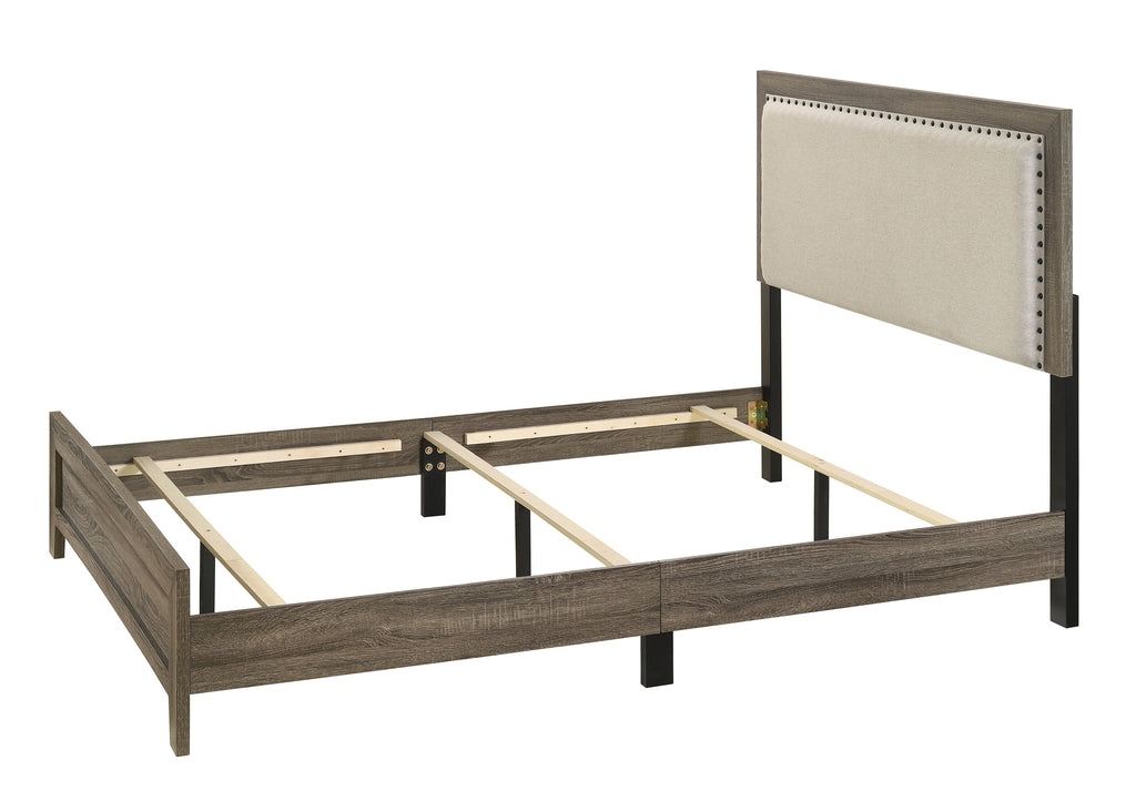 B9205 4 pc Millie natural gray wood grain finish panel look fabric padded queen bedroom set