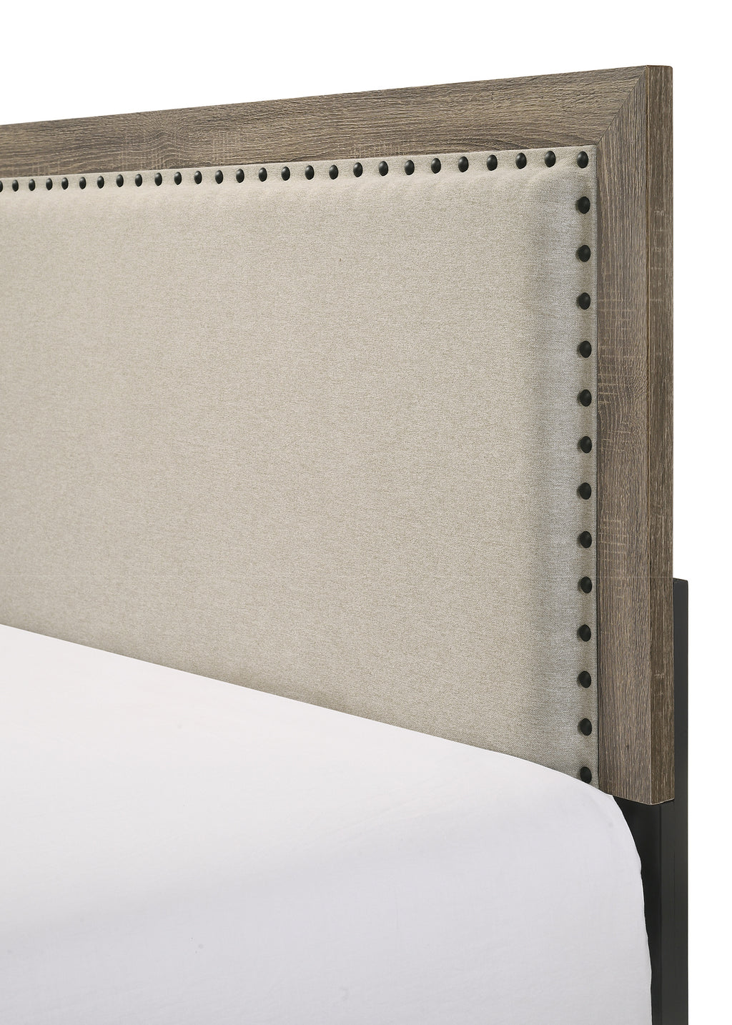 B9205 4 pc Millie natural gray wood grain finish panel look fabric padded queen bedroom set
