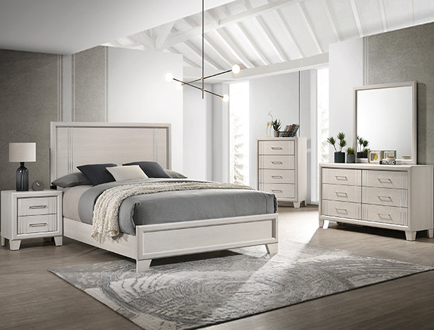 Crown mark B9230 4 pc Charlie rich lusterous off white finish wood silver metal accents finish modern style queen bedroom set