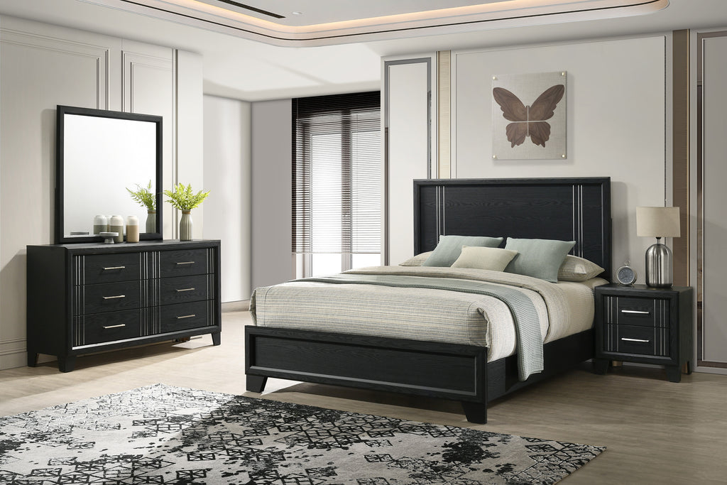 Charlie 4-Piece Charcoal Grey Wood & Silver Metal Accents Modern Queen Bedroom Set – B9235
