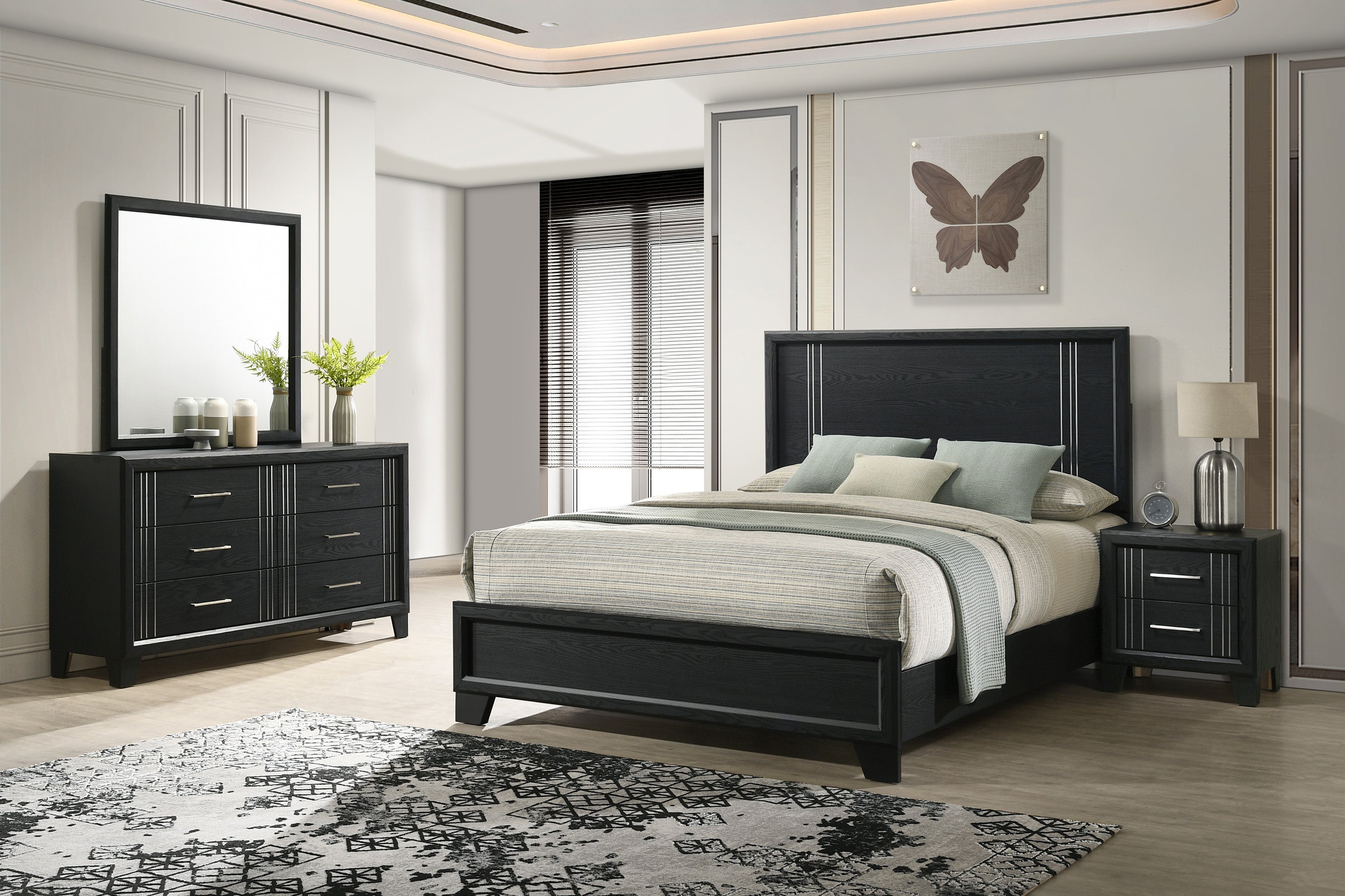 Charlie 4-Piece Charcoal Grey Wood & Silver Metal Accents Modern Queen Bedroom Set – B9235