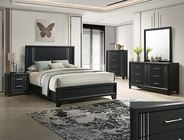 Charlie 4-Piece Charcoal Grey Wood & Silver Metal Accents Modern Queen Bedroom Set – B9235