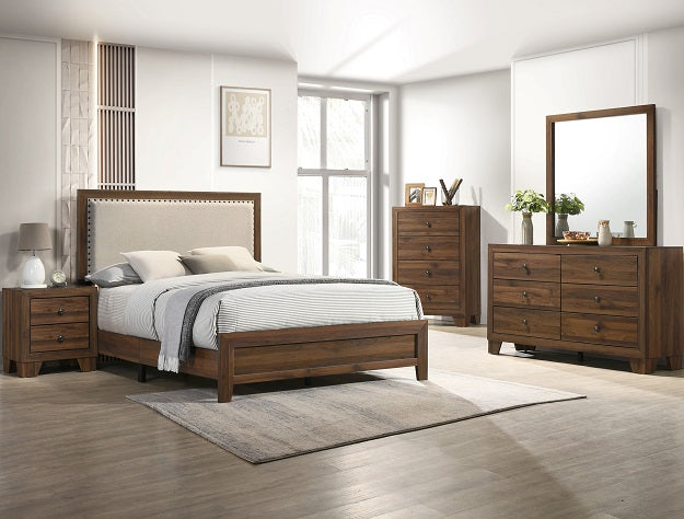 B9255 4 pc Millie brown cherry panel look wood grain finish fabric padded headboard queen bedroom set