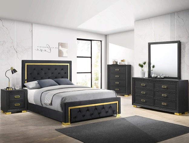 Crown mark B9290 4 pc Pepe black velvet and gold metal accents finish modern style queen bedroom set