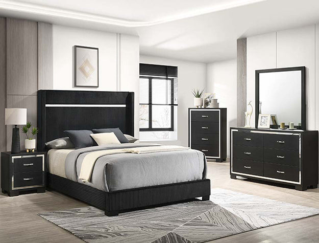 Crown mark B9295 4 pc Gennro black velvet channel tufted and chrome metal accents finish modern style queen bedroom set