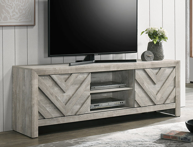 B9330-9 Valor washed wood finish wood chevron design door fronts 2 sliding doors 71" wide TV stand media center