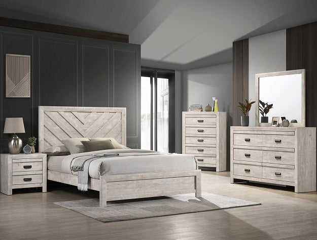 B9330 4 pc Valor two tone light finish wood chevron design paneled headboard queen bedroom set