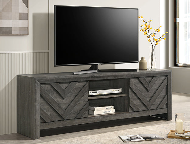B9335-9 Valor grey finish wood chevron design door fronts 2 sliding doors 71" wide TV stand media center