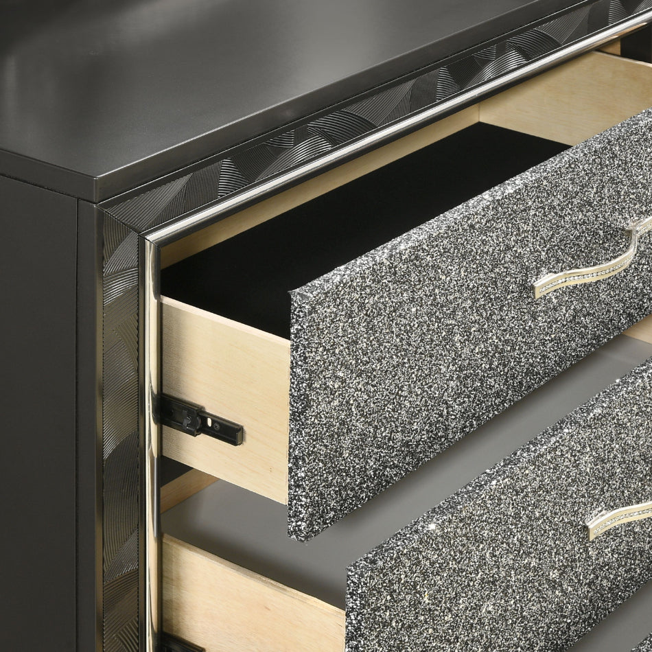 00-976K-4PC 4 pc Radiance black pearl finish wood tufted queen bed set LED lighting and shimmering accents