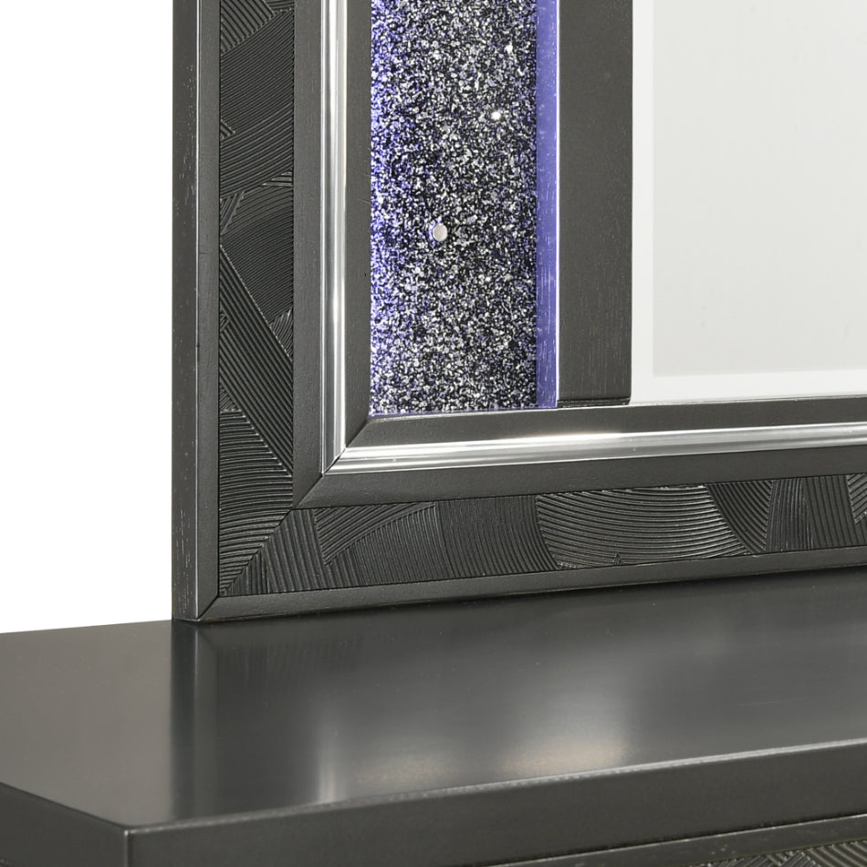 00-976K-4PC 4 pc Radiance black pearl finish wood tufted queen bed set LED lighting and shimmering accents