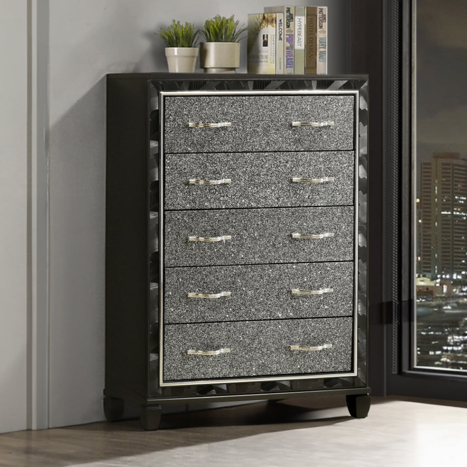 00-976K-4PC 4 pc Radiance black pearl finish wood tufted queen bed set LED lighting and shimmering accents