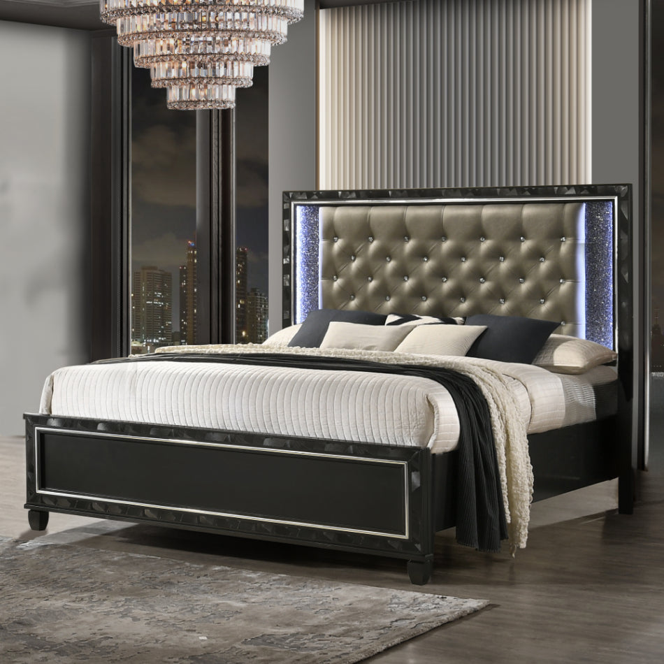 00-976K-4PC 4 pc Radiance black pearl finish wood tufted queen bed set LED lighting and shimmering accents