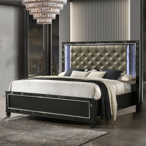 00-976K-4PC 4 pc Radiance black pearl finish wood tufted queen bed set LED lighting and shimmering accents