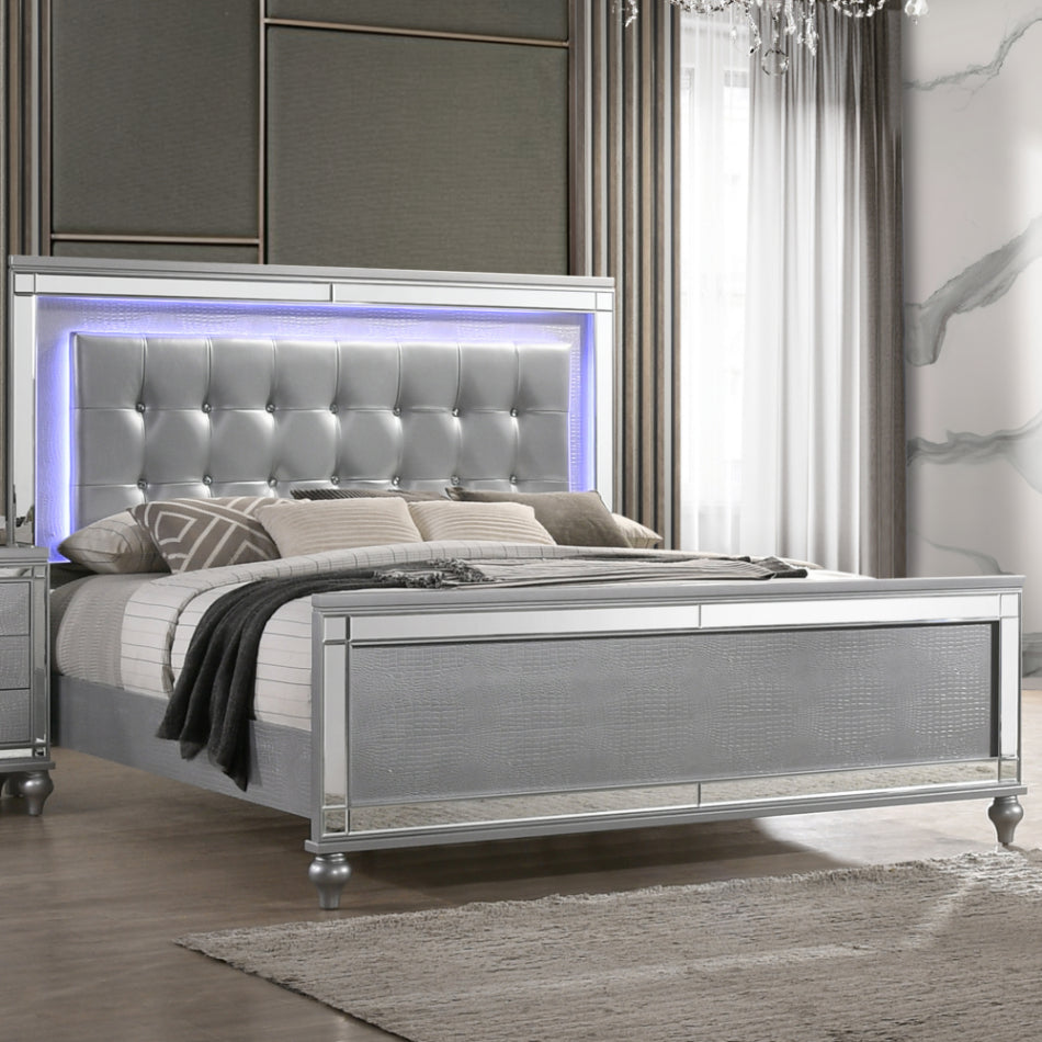 00-9698S-4PC 4 pc Valentino silver finish wood tufted faux leather headboard LED accents queen bed set