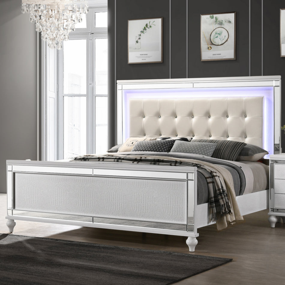 00-9698W-4PC 4 pc Valentino white finish wood tufted faux leather headboard LED accents queen bed set