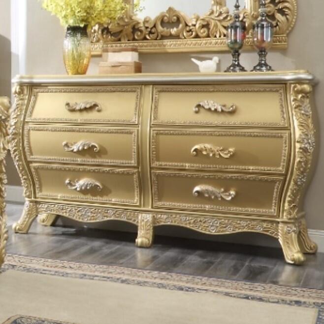 Acme BD01466 Astoria grand Cabriole antique gold finish wood french inspired ornate 6 drawer dresser
