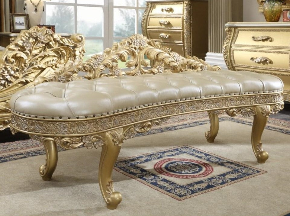 Acme BD01468 Astoria grand Cabriole antique gold finish wood french inspired ornate light golden tone faux leather bedroom entry hall bench