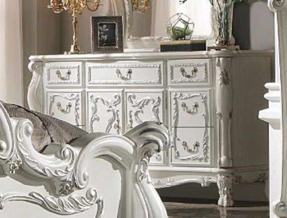 Acme BD01682Q-4PC 4 pc dresden bone white finish wood ornate queen bedroom set faux leather tufted upholstery