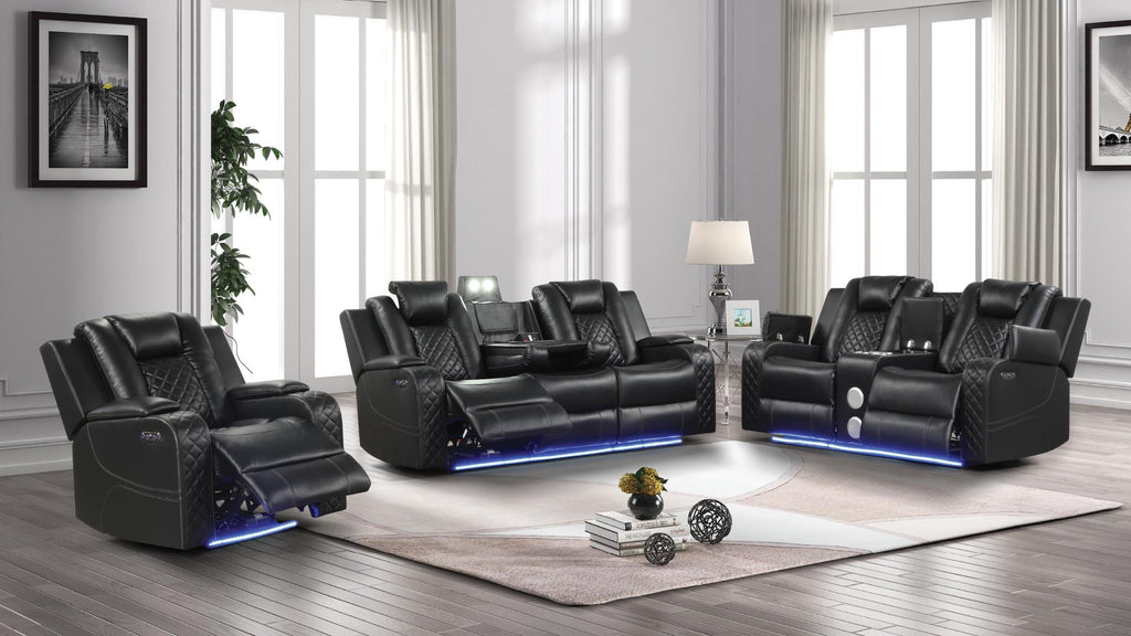 Benz Black Faux Leather 2-Piece Power Motion Sofa and Love Seat with Wireless Charging, LED & Bluetooth – Matrix