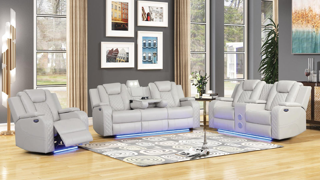 Benz Ice Faux Leather 2-Piece Power Motion Sofa and Love Seat with Wireless Charging, LED & Bluetooth – Matrix