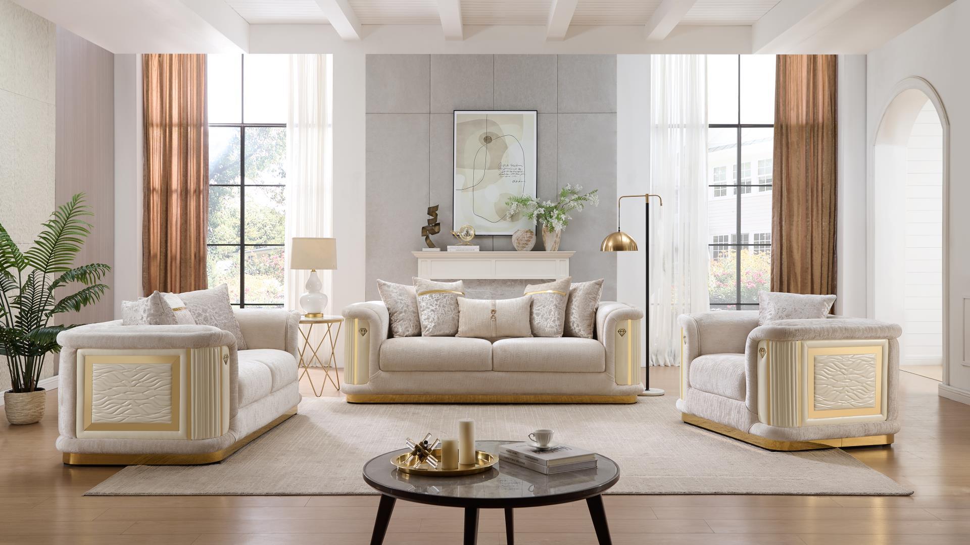 2 pc Bona beige fabric upholstered rounded arm gold trim accents ribbed accents sofa and love seat set