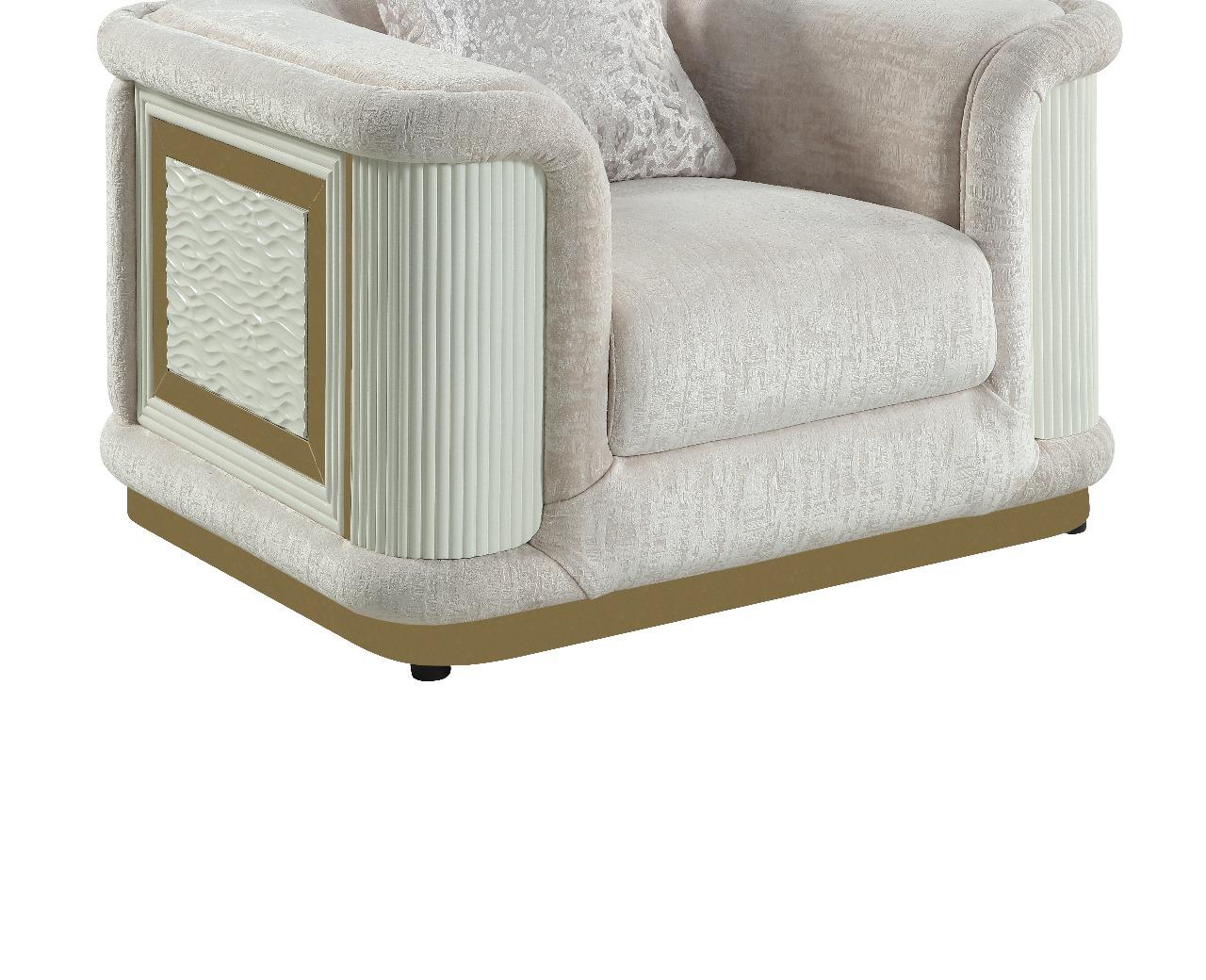 2 pc Bona beige fabric upholstered rounded arm gold trim accents ribbed accents sofa and love seat set