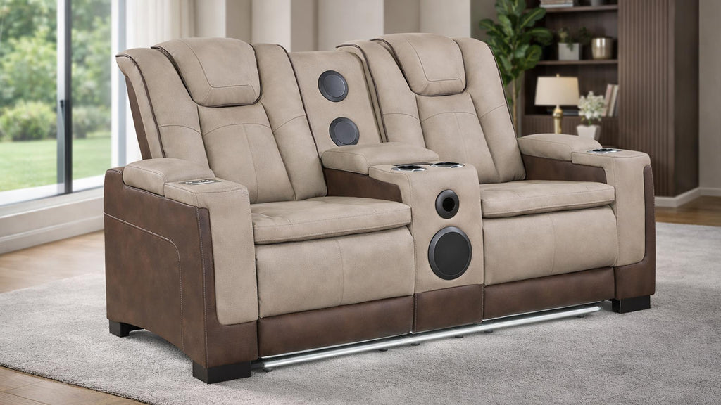 2 pc Bruno two tone brown faux leather power motion sofa and love seat with USB charging, LEDS , cup holders bluetooth speakers