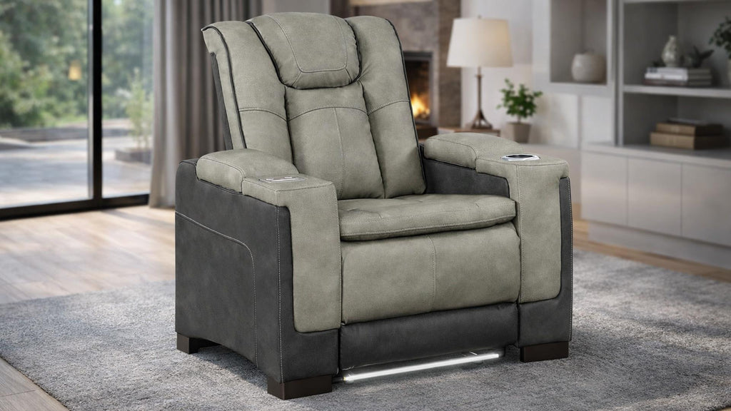 2 pc Bruno two tone grey faux leather power motion sofa and love seat with USB charging, LEDS , cup holders bluetooth speakers