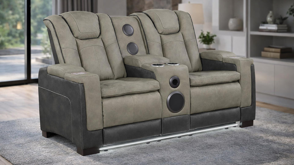 2 pc Bruno two tone grey faux leather power motion sofa and love seat with USB charging, LEDS , cup holders bluetooth speakers
