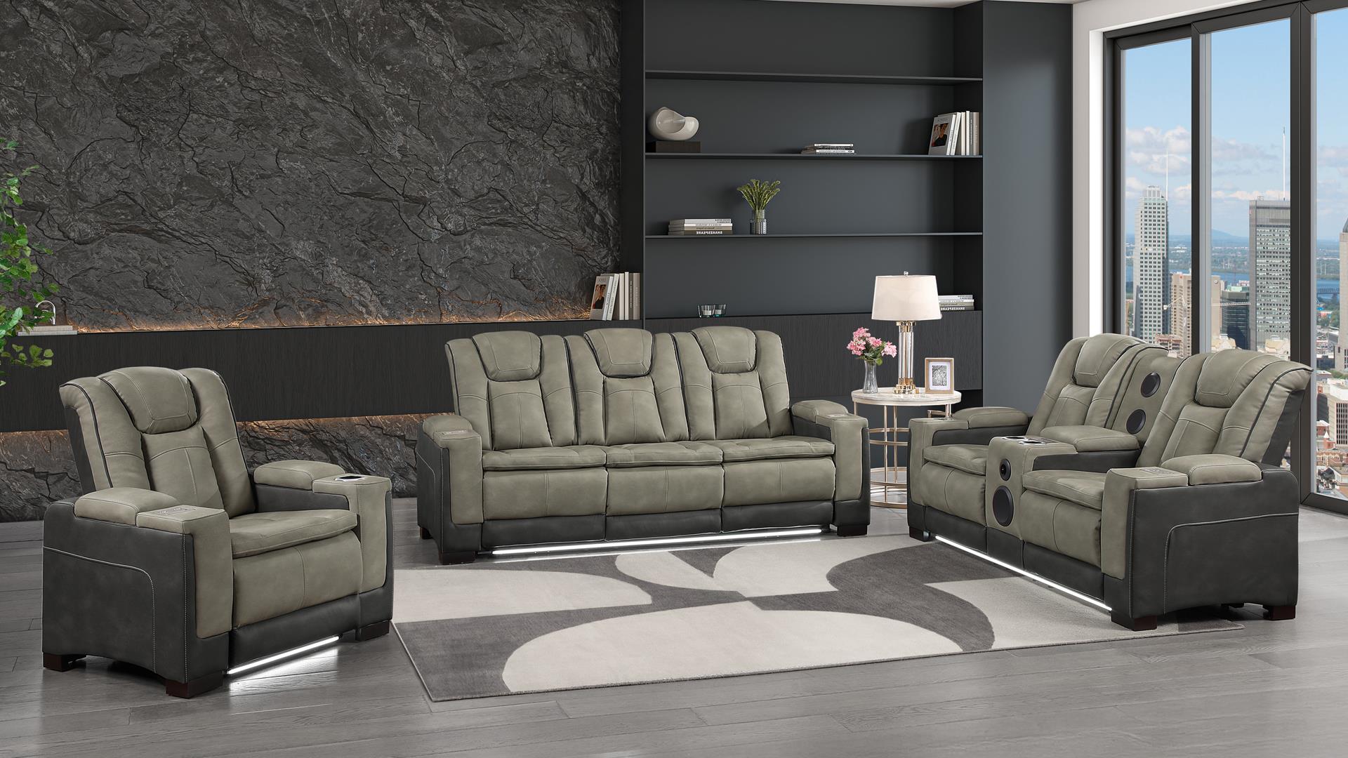 2 pc Bruno two tone grey faux leather power motion sofa and love seat with USB charging, LEDS , cup holders bluetooth speakers